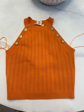 Sleeveless Knit Tank with Gold Button Detail - Orange